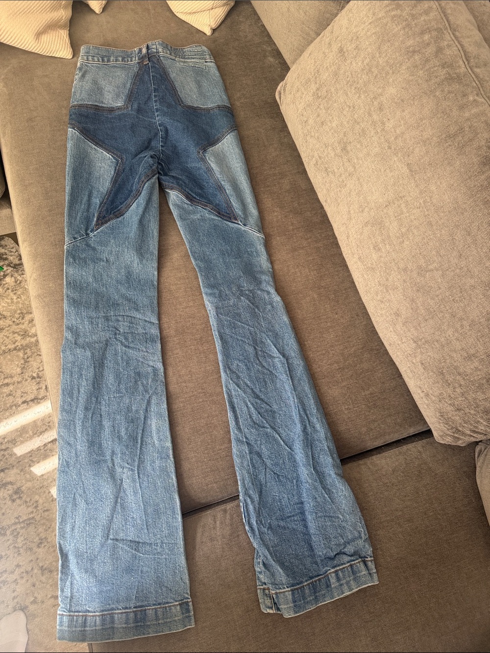 REVICE Two-Tone Blue Star Patch Flare Jeans
